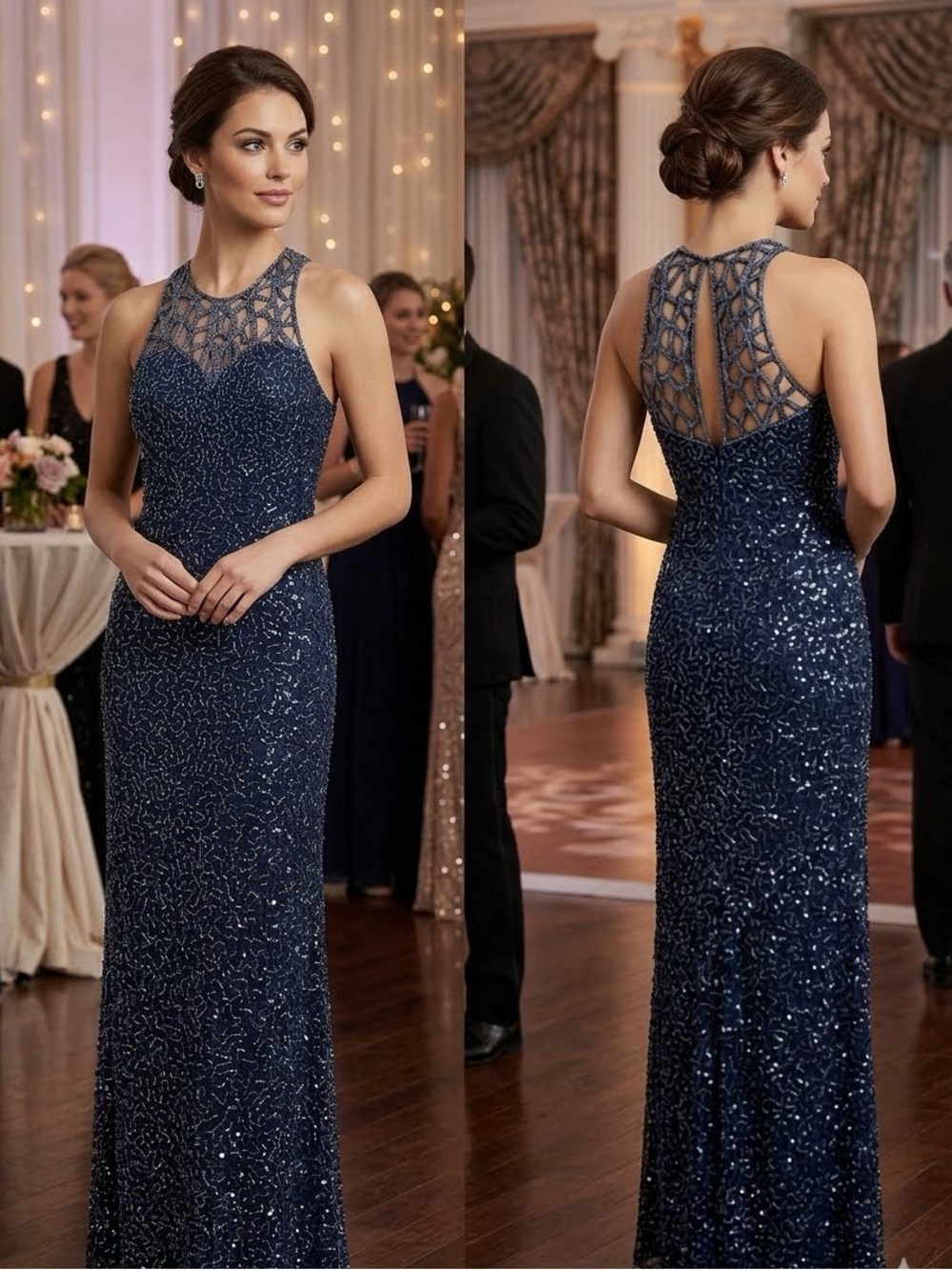 Scala Silk Vintage Beaded Sequins Y2K prom pageant Maxi Formal Gown Caged Back